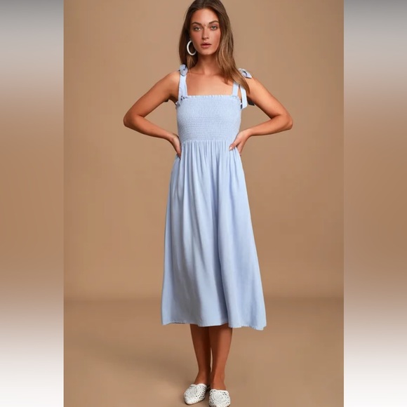 Shades of Rose Dresses & Skirts - Shades of Rose Baby Blue Smocked Bust Tie Strap Midi Dress